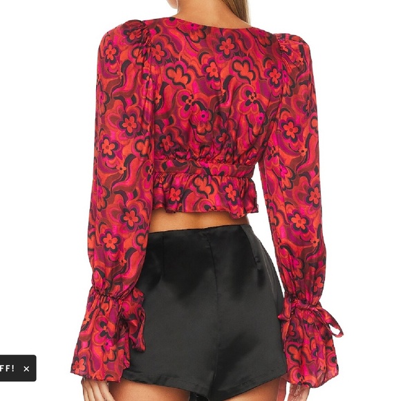 For Love & Lemons Funky Floral Red Flare Davina Tie Front Blouse NWOT Size S - Picture 8 of 8